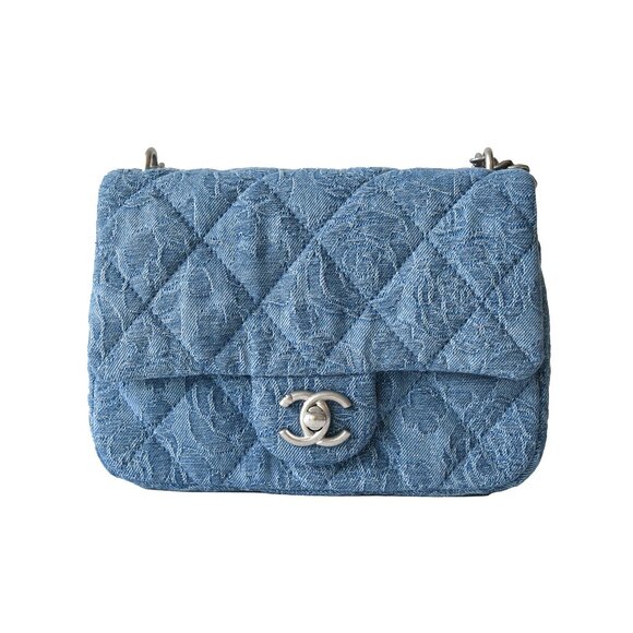 Chanel Denim Quilted Camellia Sweetheart Flap Bag Silver Hardware Blue - Picture 1 of 6